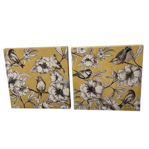 Yellow Floral Bird Wall Art Set of Two